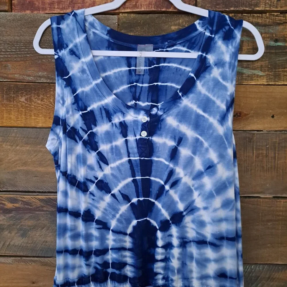 Pink‎ Lotus Women's Blue Tie Dye Dress Sz M Casual Comfy Boho Beach Weekend Wear